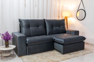 Sofá Retrátil Reclinável 2.50m Santiago Veludo Cinza 526 - Molas Ensacadas