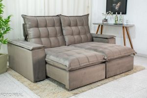 Sofá Retrátil Reclinável Atenas 2.10m Veludo Cinza 813 D33 e Molas Ensacadas