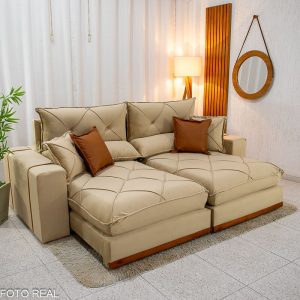 Sofá Retrátil Reclinável Gran Bello 2.50m Veludo Bege Escuro - Molas Ensacadas Pocket