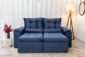 Sofá Retrátil Reclinável Grécia 2.00m Veludo Azul - Sem caixa
