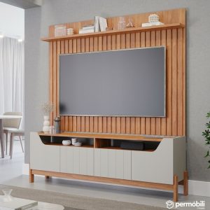 Bancada Moema Larg. 1.85m OffCinamomo + Painel Trend Ripado Larg. 1.80m Cinamomo 100% MDF - Permóbili
