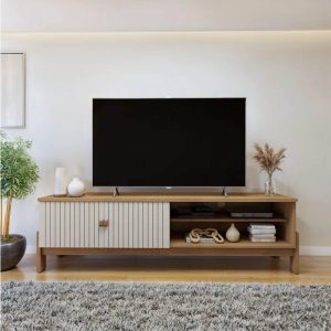 Rack Bancada Ouro Preto Larg. 1.64m CinamomoOff CDetalhe Frisado para TV até 65 - Valdemóveis